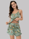 Queenabel Green Casual Avocado Print Crew Neck Cami Top & Ruffle Shorts 2Pcs Pajama Set For Women