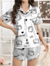 Queenable Women’s Satin Printed Pajama Set – Short Sleeve Button Down Shirt & Shorts Nightwear