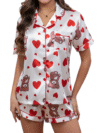 Queenable Women’s Satin Nightwear Set – White Pajama Shirt & Shorts with Teddy Bear and Heart Print, Cute Sleepwear Loungewear