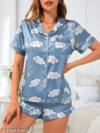 Queenable Stylish Blue Satin Nightsuit Set for Women | Printed Cloud & Star Design Nightwear (Shirt + Shorts)
